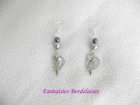 Boucles d'oreilles oiseau bleues et grises