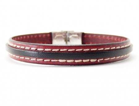 Bracelet homme en cuir de veau rouge et noir - Fermoir en acier inoxydable